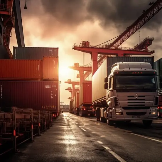 Camion de carga en muelle junto a contenedores para exportacion