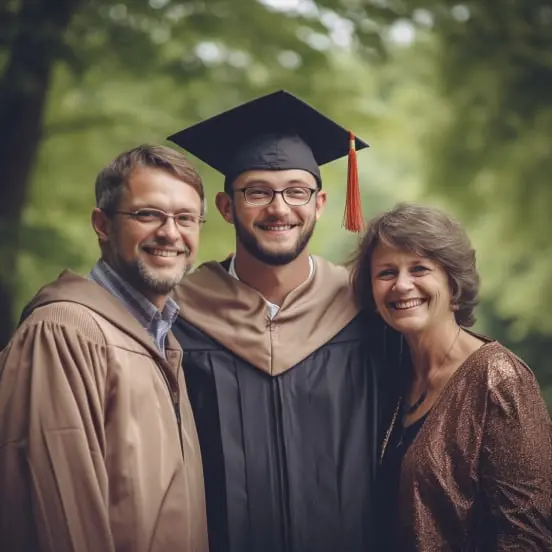 Imagen de padres orgullosos con hijo recién graduado de la universidad